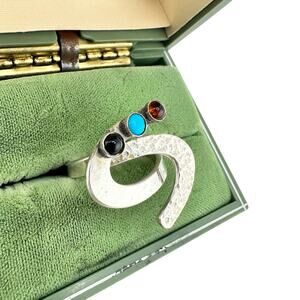 Vintage 925 Sterling Silver Artisan Modernist Turquoise Amber Onyx Size 8.5 Ring